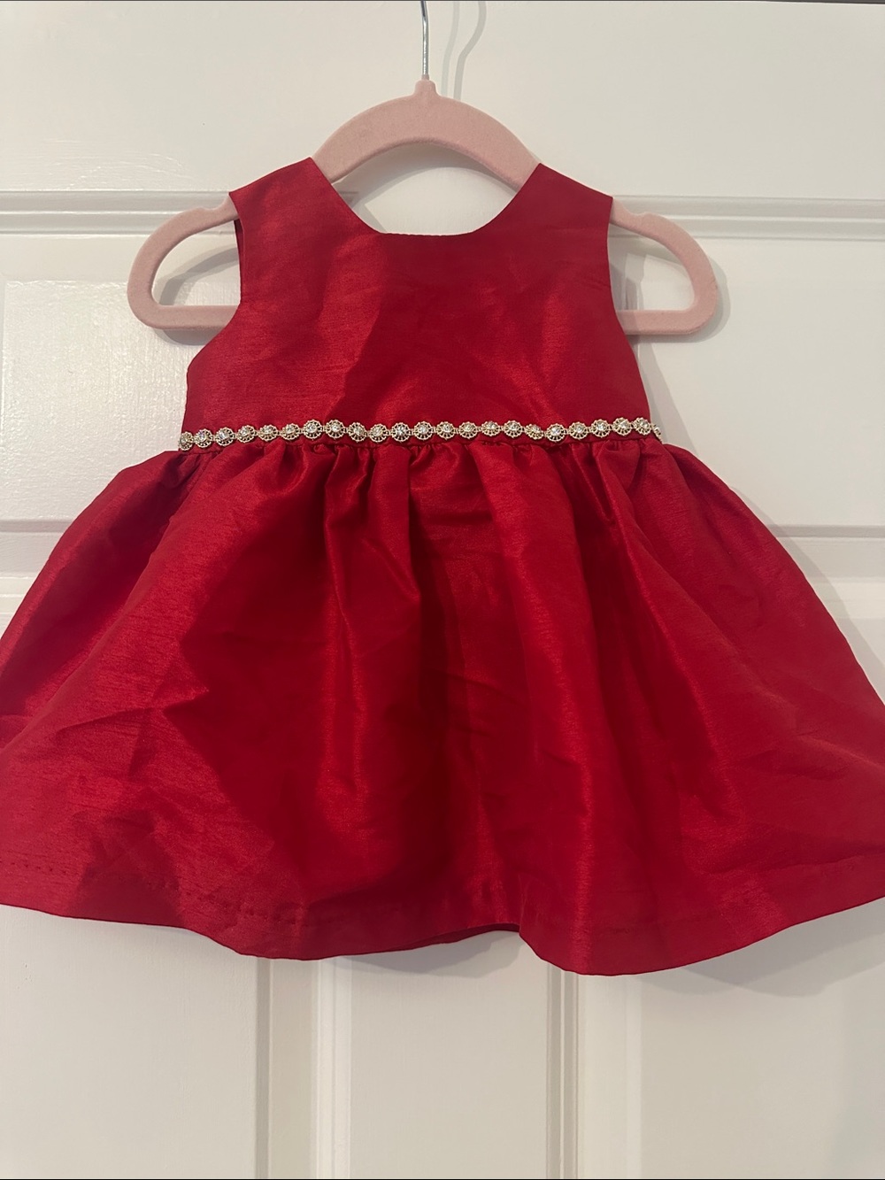 Girls' Red Holiday Dress with Rhinestone Waistband